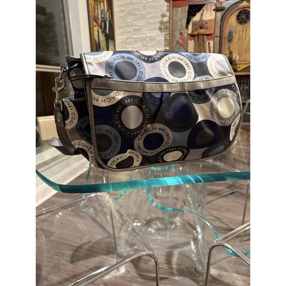 Coach Signature Snaphead Blue‎ Silver Multifunction Diaper Baby Messenger Bag